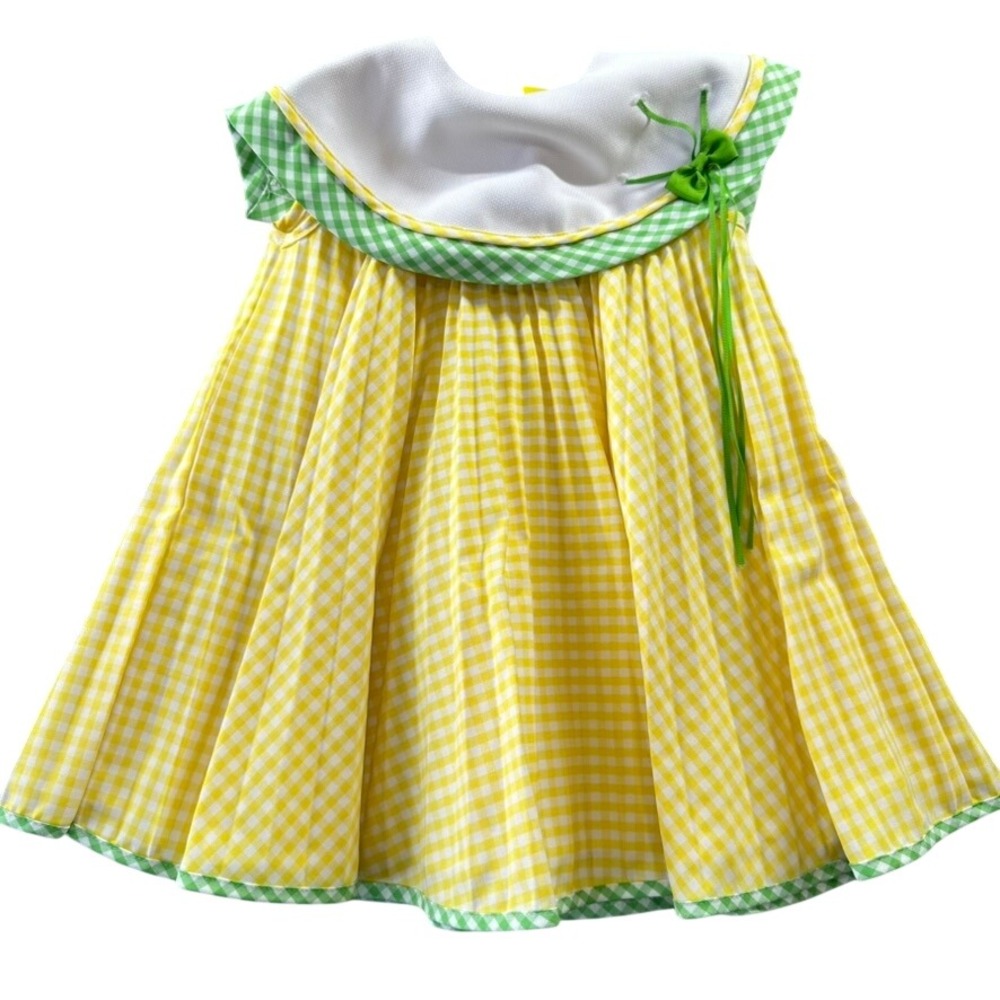 Youngsport Vintage Girls 3T Yellow Gingham Pleated Dress Oversized Bib Collar